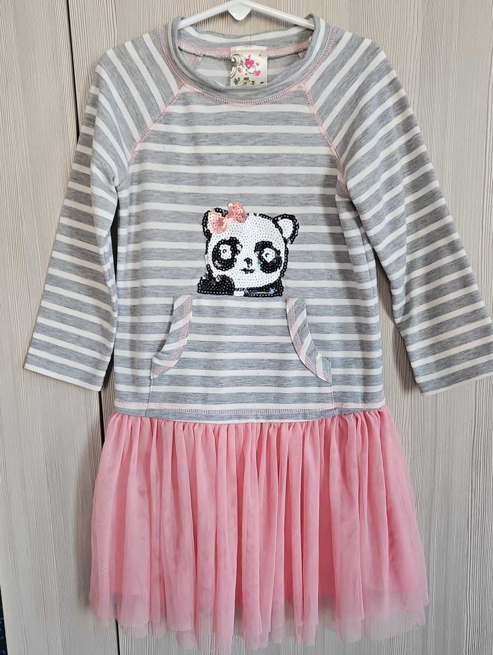 Jenna & Jessie Gray Striped Dress with Pink Tulle Skirt Bottom